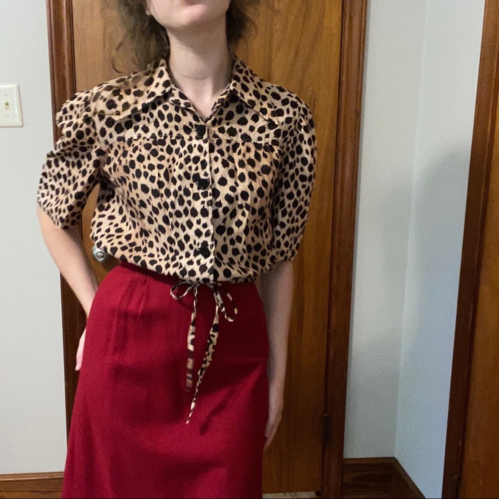 Vintage drawstring puff sleeve leopardprint blouse